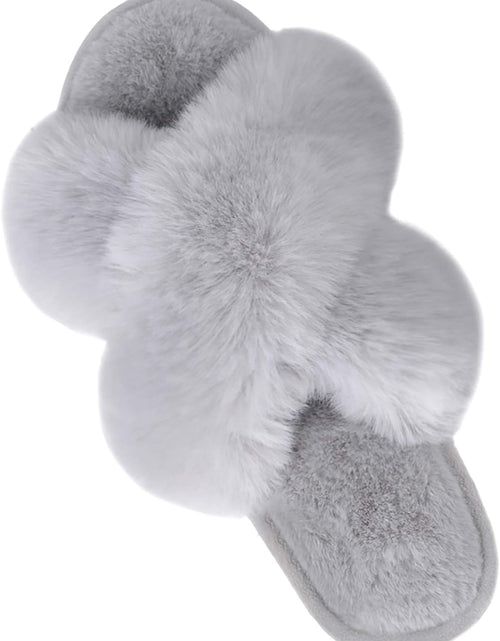 Load image into Gallery viewer, Women'S Cross Band Slippers Soft Plush Furry Cozy Open Toe House Shoes Indoor Outdoor Faux Rabbit Fur Warm Comfy Slip on Breathable

