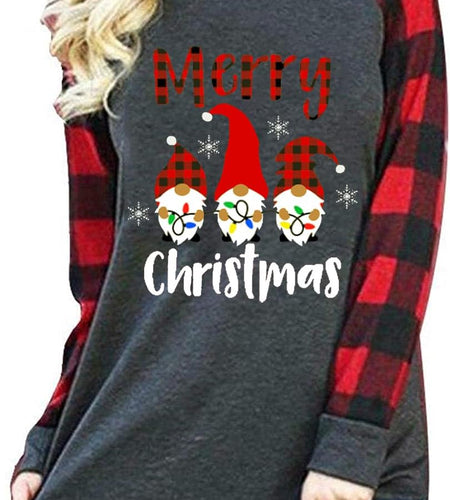 Christmas Shirt Women Gnomes T-Shirt Plaid Splicing Raglan Long Sleeve Tee Christmas Holiday Tops