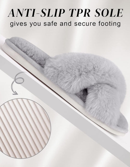 Load image into Gallery viewer, Women'S Cross Band Slippers Soft Plush Furry Cozy Open Toe House Shoes Indoor Outdoor Faux Rabbit Fur Warm Comfy Slip on Breathable
